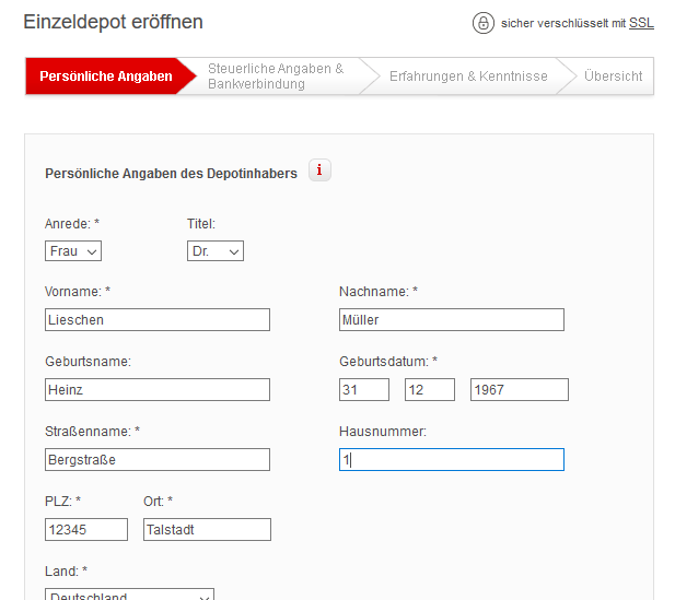 Die Angabe der persönlichen Daten steht fast immer am Anfang des Eröffnungsvorgangs.