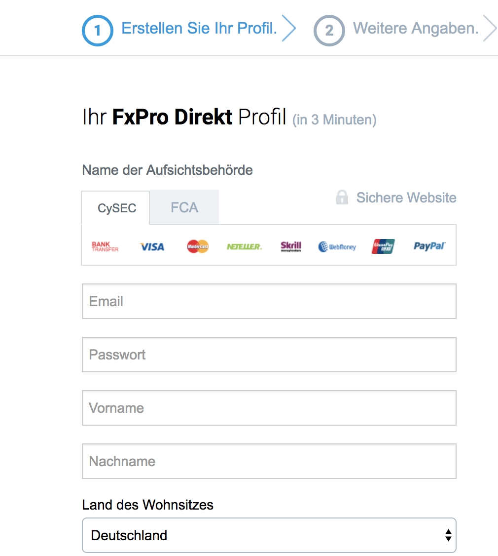 FxPro Konto eröffnen - Schritt 1