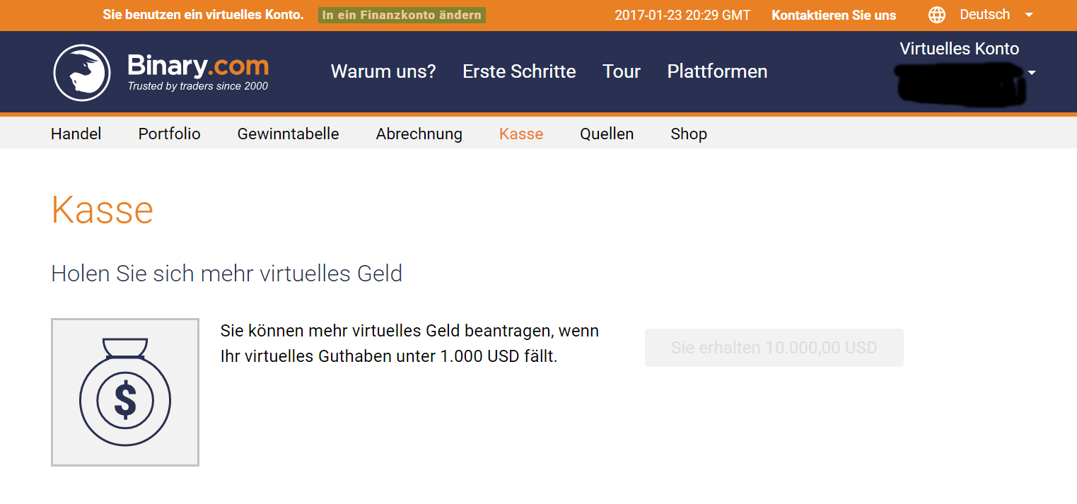 Binary.com Kassenbereich