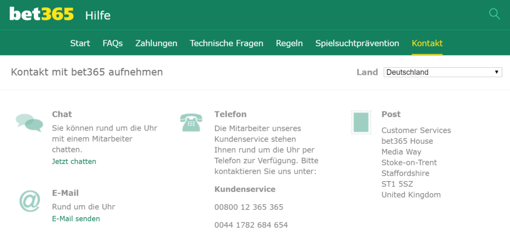 bet365 Kontaktinformationen